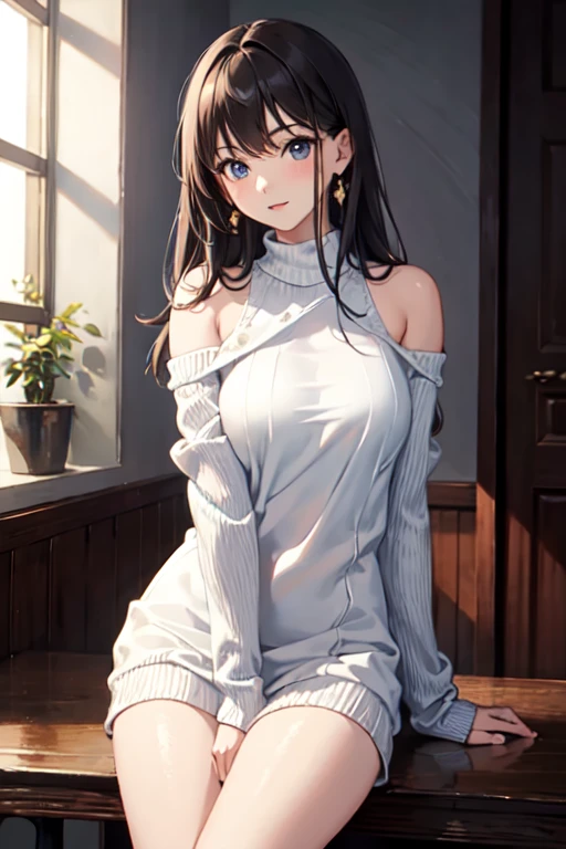 best quality, 1girl, masterpiece ultra detailed, illustration, yang guifei, glossy lips, light smile, sitting, sofa, (knit sweater)