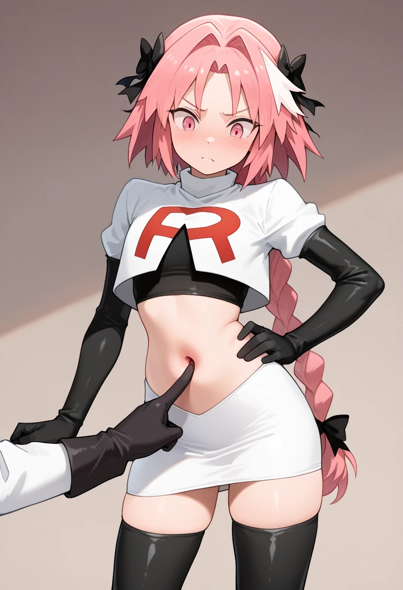 masterpiece,Highest quality,High resolution,Anime Style,(1 high school girl:1.2), (((Team Rocket uniform), Short skirt), (Black Patent Leather Gloves), Black patent leather boots, Black panties),(Smiling with teeth showing:1.3),(hairs color light pink, Wavy mid-length hair, Gal Makeup, Eyelash extensions, Make your eyelashes thinner and longer:1.3), (Panty shot, The subject is viewed from below:1.2), (Clothes that look good:1.1), (Blank Background:1.3)