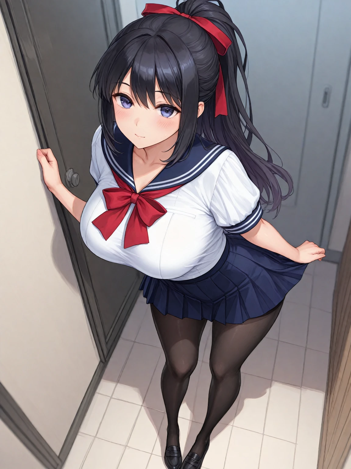 2 girls, by 2 person, Girl's brown eyes, black hair, medium long hair, Inward roll、(Navy blue sailor suit:1.4),indoors, Cafe、very big breasts、publish one'chest of、Naked things'chest of、blush、embarrassing、scary face、I'm worried、confused face、a large amount of breast milk comes out of the nipples,、Breast milk gushes from the nipple、very short skirt、micro mini skirt、female shape'Private parts are clearly visible、vibrator in thighhighs、The crotch is wet with love juice、Massage the breasts、Looks painful、Full body portrait