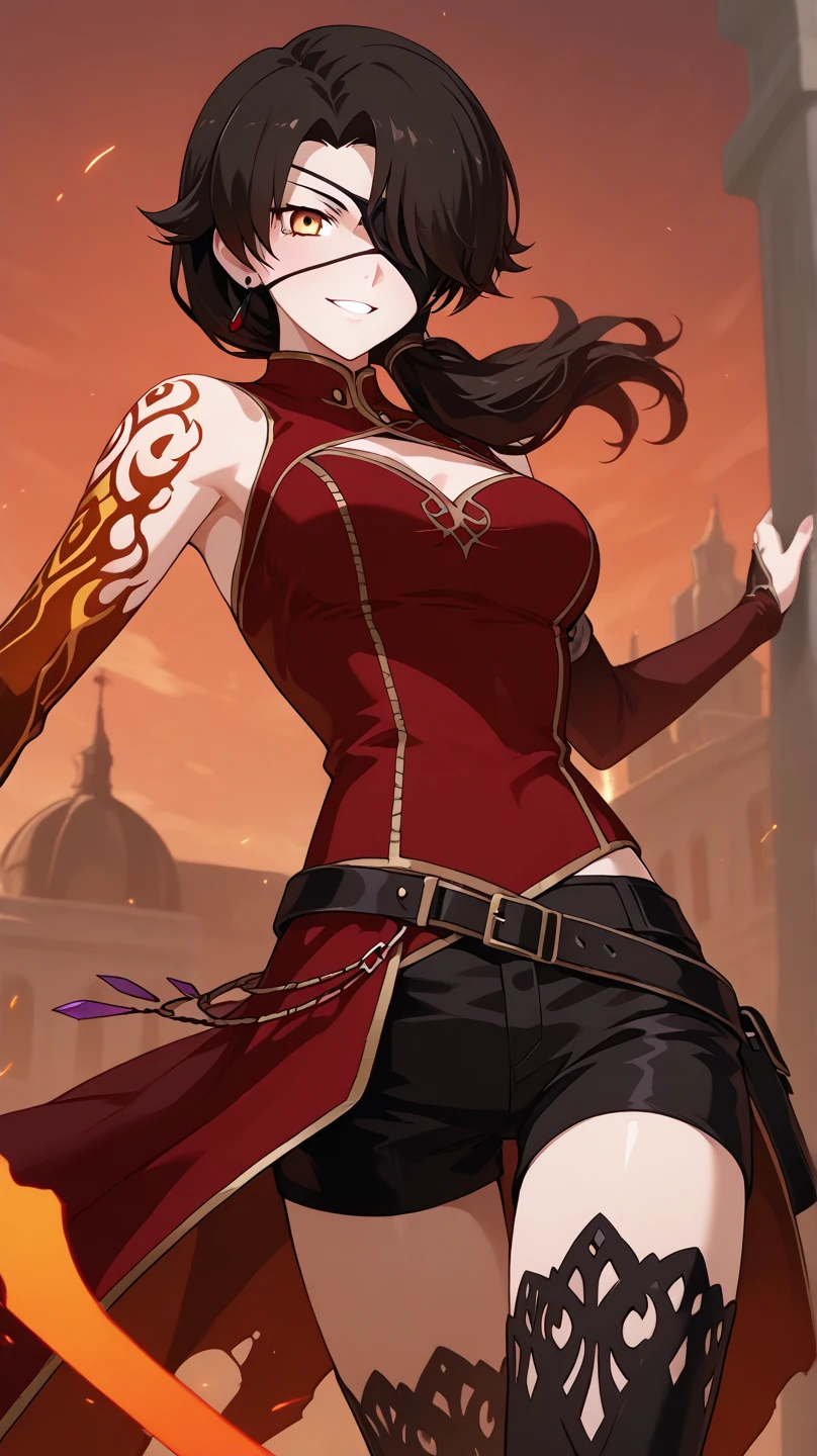 medieval setting, full view of body, 1 skinny female with large breast, beatiful smokey green eyes, black hair pinned up, strapless midi dress, red scarf around her neck, eerie sunset
