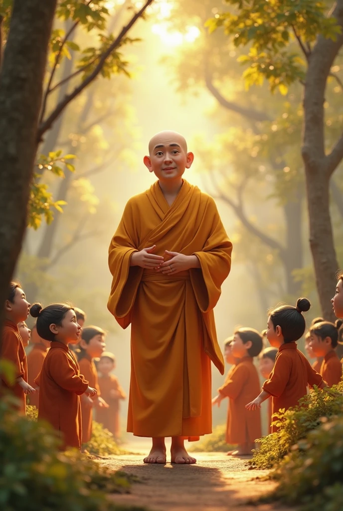 With a smile，Eyebrow beauty，Little monk without hair，The Buddha statue sits in front of the temple and knocks on the wooden fish