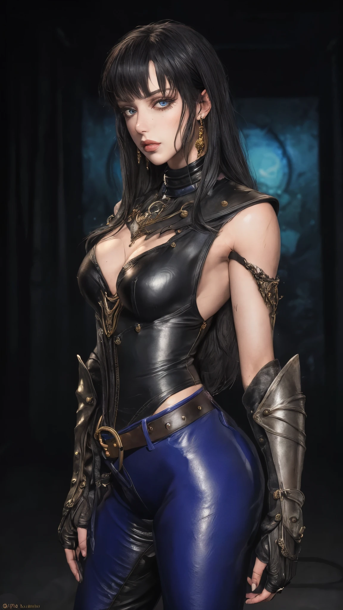 Magical style, hunter, femele,Full body like, sharpshooter,a character in League of Legends,gaming character, cosplay, sexy leather clothes,Bare chest,flowy, metal decoration,With a short gun, hyper HD, Masterpiece, Textured skin, Anatomically correct, Best quality