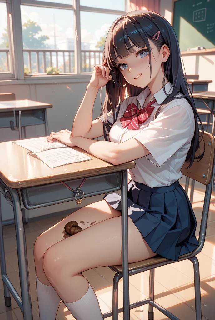 masterpiece,best quality, 1girl, school uniform, sitting on chair, cross leg, class room,show feetï¼Sole of foot