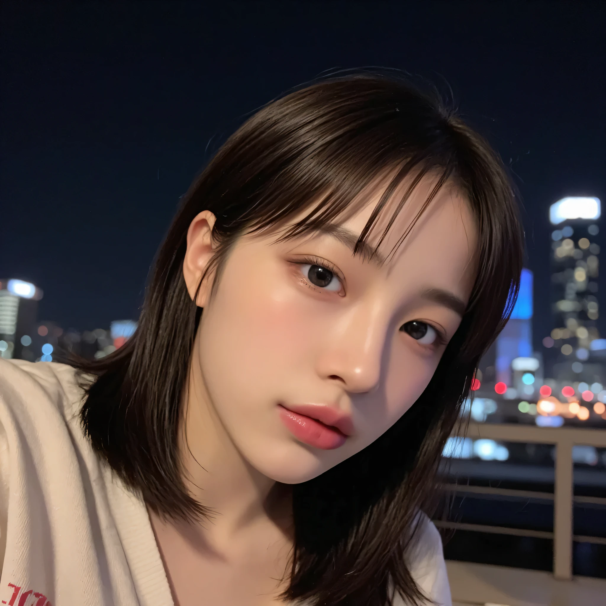 a stunning hyper-realistic selfie of a Korean idol on a rooftop at night, city lights creating beautiful bokeh in the background, soft wind tousling her silky black hair, emotional eyes filled with wonder, light glow on flawless skin, slight head tilt, warm cinematic tones, taken with iPhone 14 Pro