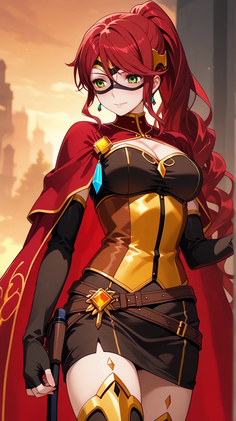 (1 mujer joven of 20 years old, vestida con un vestido rojo y dorado y una capa negra)), cabello rojo brillante, cabello ondulado hasta los hombros, horquillas de oro en el pelo, Femenino, Beautiful (Cara detallada, Cara perfecta, Muy hermoso) Chica joven y bonita, jewels and rubies, ((Sombras extremadamente realistas, Obra maestra del arte, extremadamente detallado, fotorrealista), ((20 years old)), cara bonita y juvenil, sonrisa malvada, cuerpo sexy, Figura de reloj de arena, caderas anchas, senos perfectos ((Devilishly sexy)), vestido sencillo dorado y rojo, cintura estrecha, capa negra sobre sus hombros, Ojos verde esmeralda, ojos grandes y delicados, Ojos bien abiertos, Ojos de princesa ((ojos detallados)) Cara hermosa, Cara de diosa, mujer joven, black stone tower behind her, Noche, luna, Estrellas, Nebulosas.