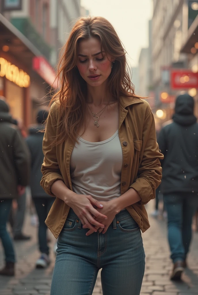 ((Highest quality, 8K, masterpiece: 1.3)) — Photorealistic, Sharp focus, High Quality, High resolution, a joyful Japanese mother of approximately 24 years, generously endowed with a bust that commands attention, her cleavage subtly accentuated by loose, oversized, casual clothing. She is adorned with vibrant shopping bags in hand, flaunting a shapely behind and thighs that captivate. Her nipples subtlety peek through the fabric of her clothes, adding an alluring charm to the overall image. The photo captures her strolling through a bustling shopping mall, the golden hours casting a warm, (((naked)))