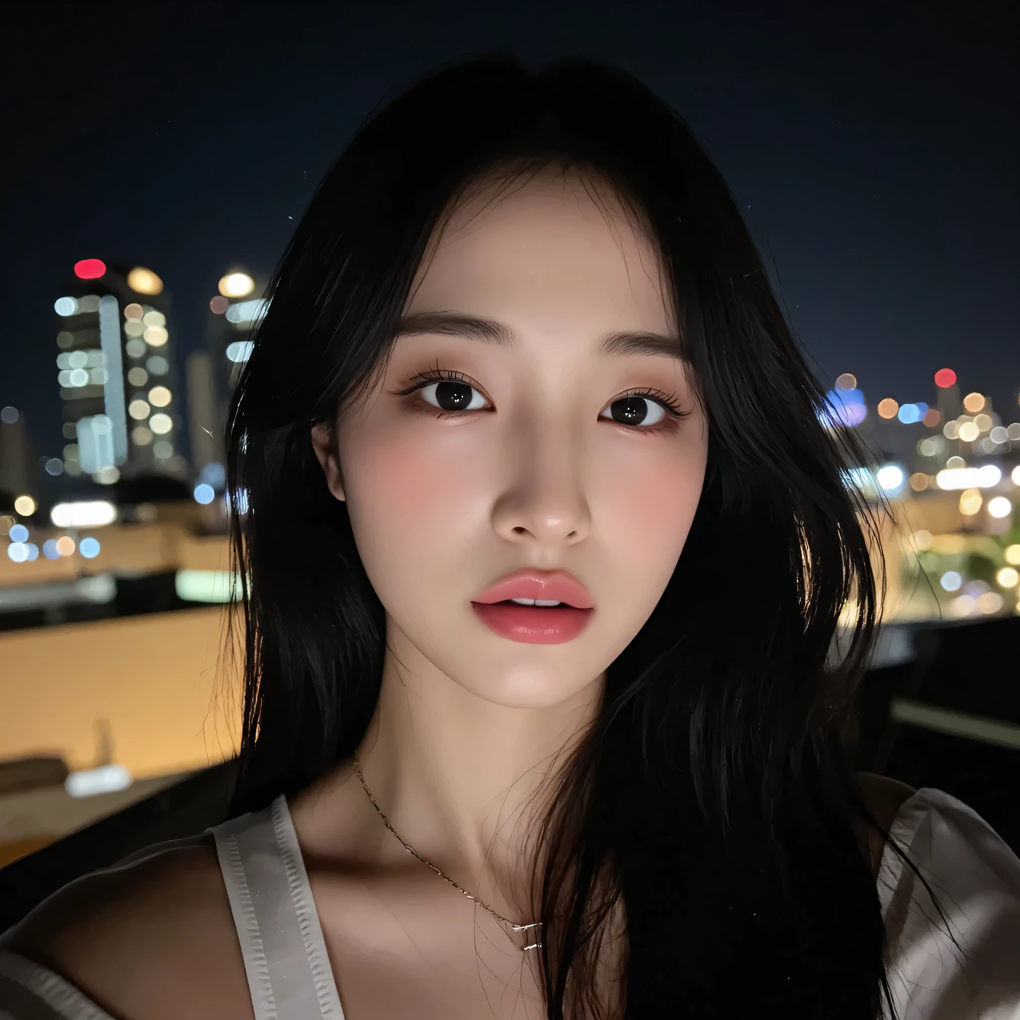 a stunning hyper-realistic selfie of a Korean idol on a rooftop at night, city lights creating beautiful bokeh in the background, soft wind tousling her silky black hair, emotional eyes filled with wonder, light glow on flawless skin, slight head tilt, warm cinematic tones, taken with iPhone 14 Pro