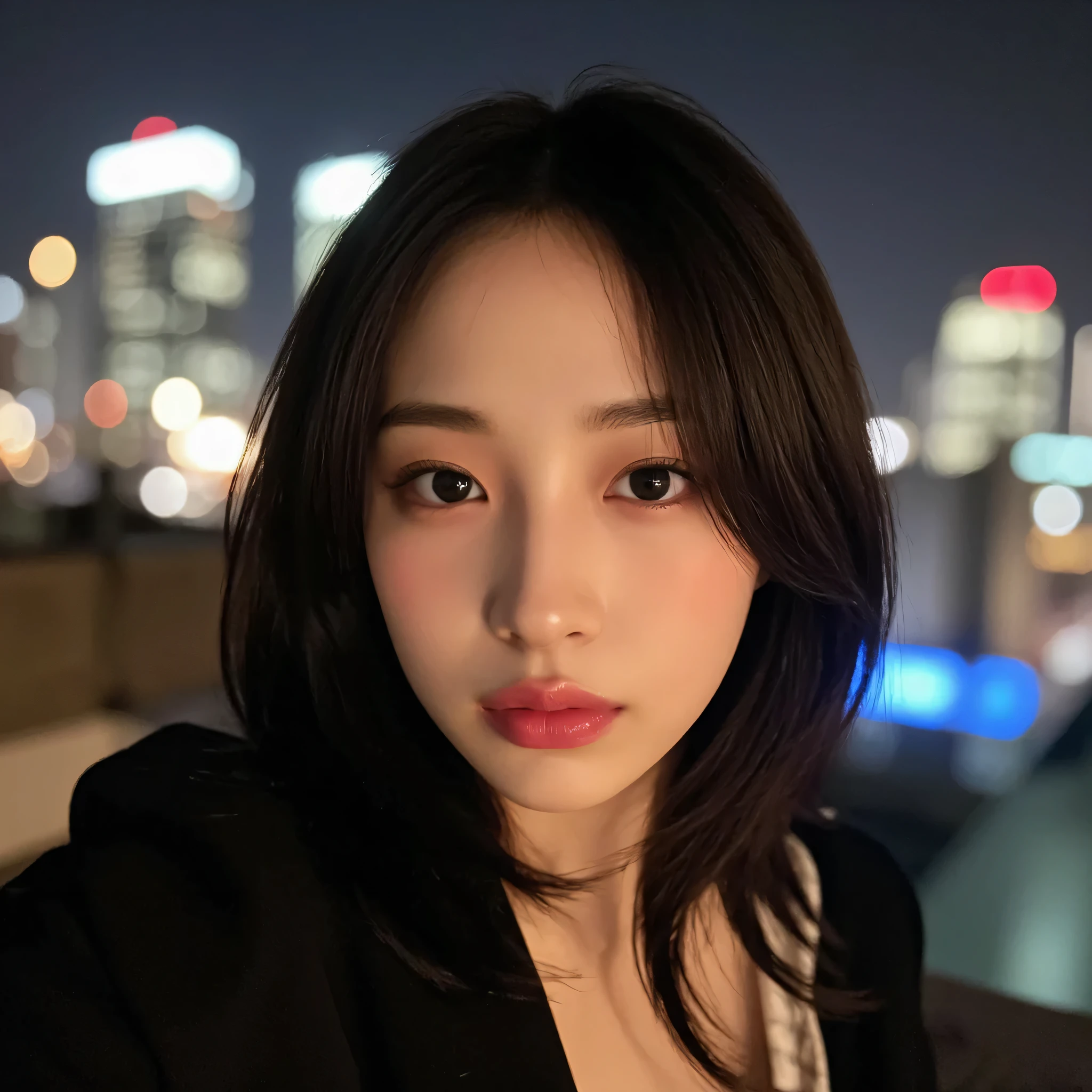 a stunning hyper-realistic selfie of a Korean idol on a rooftop at night, city lights creating beautiful bokeh in the background, soft wind tousling her silky black hair, emotional eyes filled with wonder, light glow on flawless skin, slight head tilt, warm cinematic tones, taken with iPhone 14 Pro