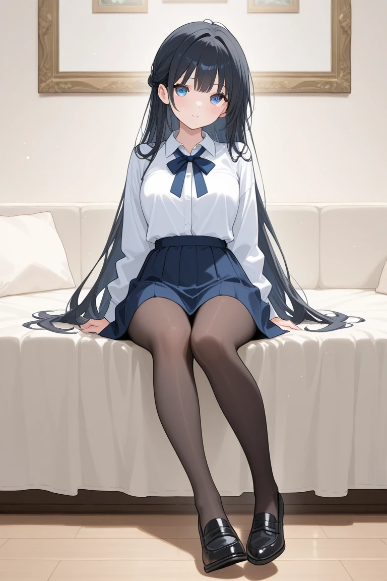 Takiinoue, Inoue Takina, Long hair, Bangs, Black hair, (Purple eyes:1.2), BREAK shirt, Long sleeves, Dress, bow ribbon, School uniform, White shirt, Collared shirt, Belt bag, Neck ribbon, Blue Dress, Green Ribbon, pleated dress, grey dress, Two-tone dresses, Blue belt, Lycoris Uniform, Best Quality, High resolution, Unity 8k壁纸, (Illustration:0.8), (Beautiful detailed eyes:1.6), extra detailed face, Perfect Lighting, extremely details CG, (Perfect hands, Perfect Anatomy),Full body from head to leg、full bodyesbian、Thin leg、、sitting down on the floor、Put on the floor、laying on back、opening legs、Inter-strands、Facing the front、Composition from below、M-shaped legs、Panchira、Inner thigh-sitting、Sitting on the floor with bent knees and legs open、Front-facing、Lower body facing forward、in 8K, top-quality, Real Image, intricate detailes, The ultra-detailliert, 超A high resolution, Depth Field,(Photorealsitic,realisitic:1.2),​masterpiece, 0.25 :: a closeup , straight-on shot , from miiddle , 1girl in, AI_chan, an extremely beautiful 17-year-old girl, Full body from head to leg, full bodyesbian, 、Face to feel、Innocent big eyes, (brown_Short_hair), (Green_Eyes:1.0),(bangss),dishevled hair,(hair clips), sexypose、Bewitching、Mass sweat、soaked body、Pure white lingerie perfect shiny skin, flawless skin, fair white skin, tiny chest, narrow waists, thin blush, 独奏, looking at the viewers, lightsmile,　The Perfect Five Fingers, Small toes、perspiring、 Wear((School_uniform)、(white_Skirt)、(Blue_long_tie)、(Blue_pleats_Skirt)、(Black_pantyhose:1.2)、 knee high、Stockings、Pure white panties、Black_Wearing white panties inside stockings、Wearing white panties inside black transparent stockings、Wearing white panties inside black stockings、Wearing white panties inside black pantyhose、Wearing white panties inside black lace pantyhose、Wearing white panties inside black lens stockings、Wearing white panties in black light pantyhose、Wearing white panties in black transparent pantyhose、No s
