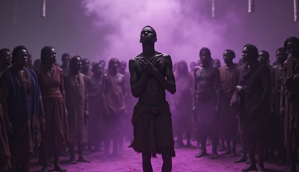 Photo 3: un jeune homme noir qui chante et  qui a un pentathlon djinn et un démembré blanc avec une serviette au cour entrain de chanter