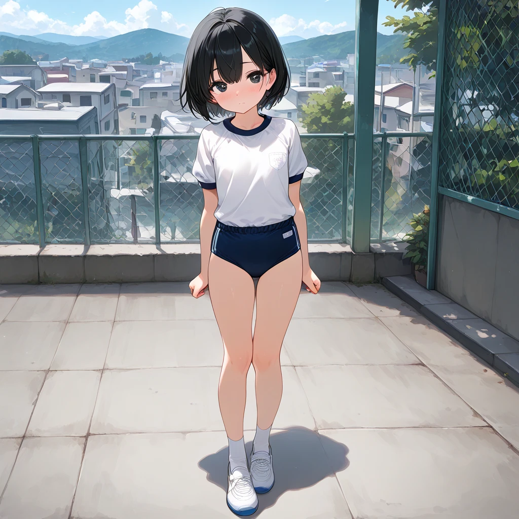 (Masterpiece: 1.2), best quality, illustrations, pretty girls, elementary school girls, (dark blue bloomers: 1.1) and (white gym clothes: 1.2), cute ass, butt sticking out, smile, black eyes, (black hair: 1.0), thighs, white sneakers, black high socks, (sky: 1.0), police car, road,