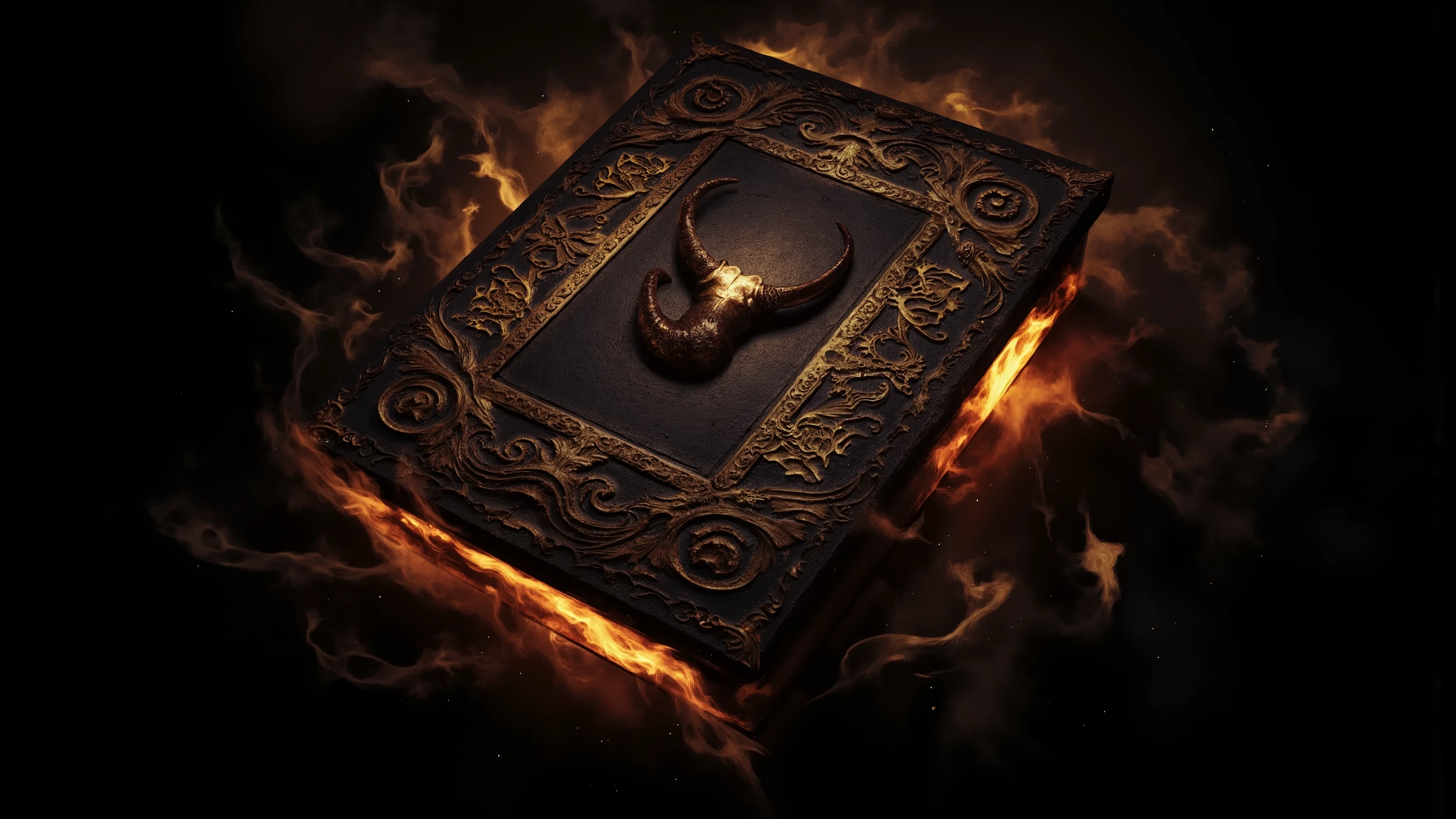 A seamless blend of gorgeous, with a gold-framed cover and intricate, Mysterious carving, ancient book with a horn-centered pattern. darkness, with a gorgeous, The fiery tendrils and mysterious symbols around the book, create a magical sense of power and intrigue. exquisite craftsmanship when light highlights project the depths of darkness, ominous halo rotates creates a mysterious and atmospheric atmosphere.