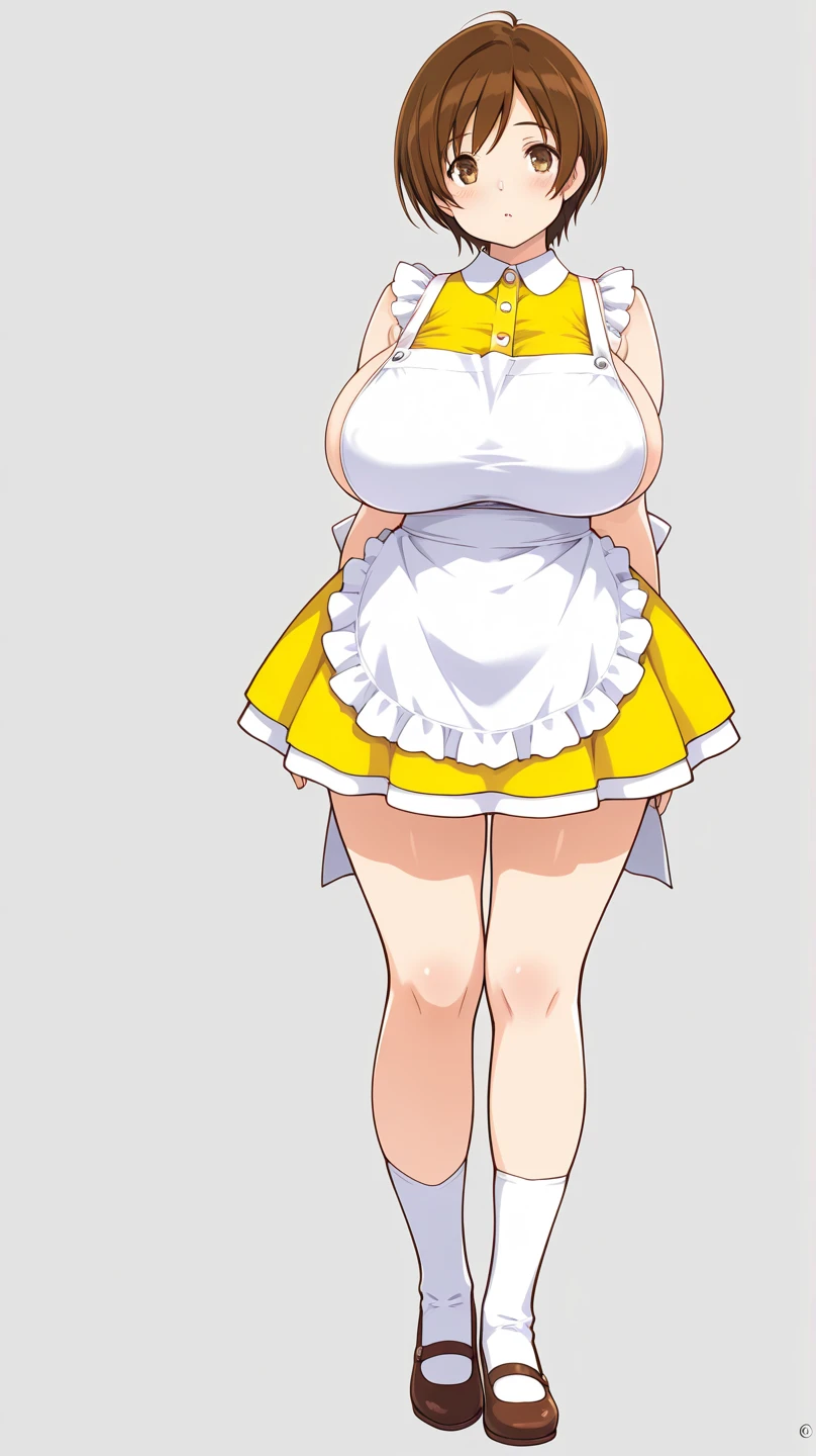 Reverse of a pudgy teen of late adolescence with rosy cheeks, brown eyes, creamy blonde hair. She is in a white dress with a prominent bow on her waist; she is wearing black dress shoes. She has muscular, toned, realistic feet and legs. Her legs are thick, fat, chubby, meaty, voluptuous, curvaceous, long, Rubenesque and plump. She is posing with both hands making victory sign and with one leg up. She is smiling flirtatiously. Her butt is extremely large, significantly bigger than the rest of her body, and prominent, full of cellulite, veins and edema.