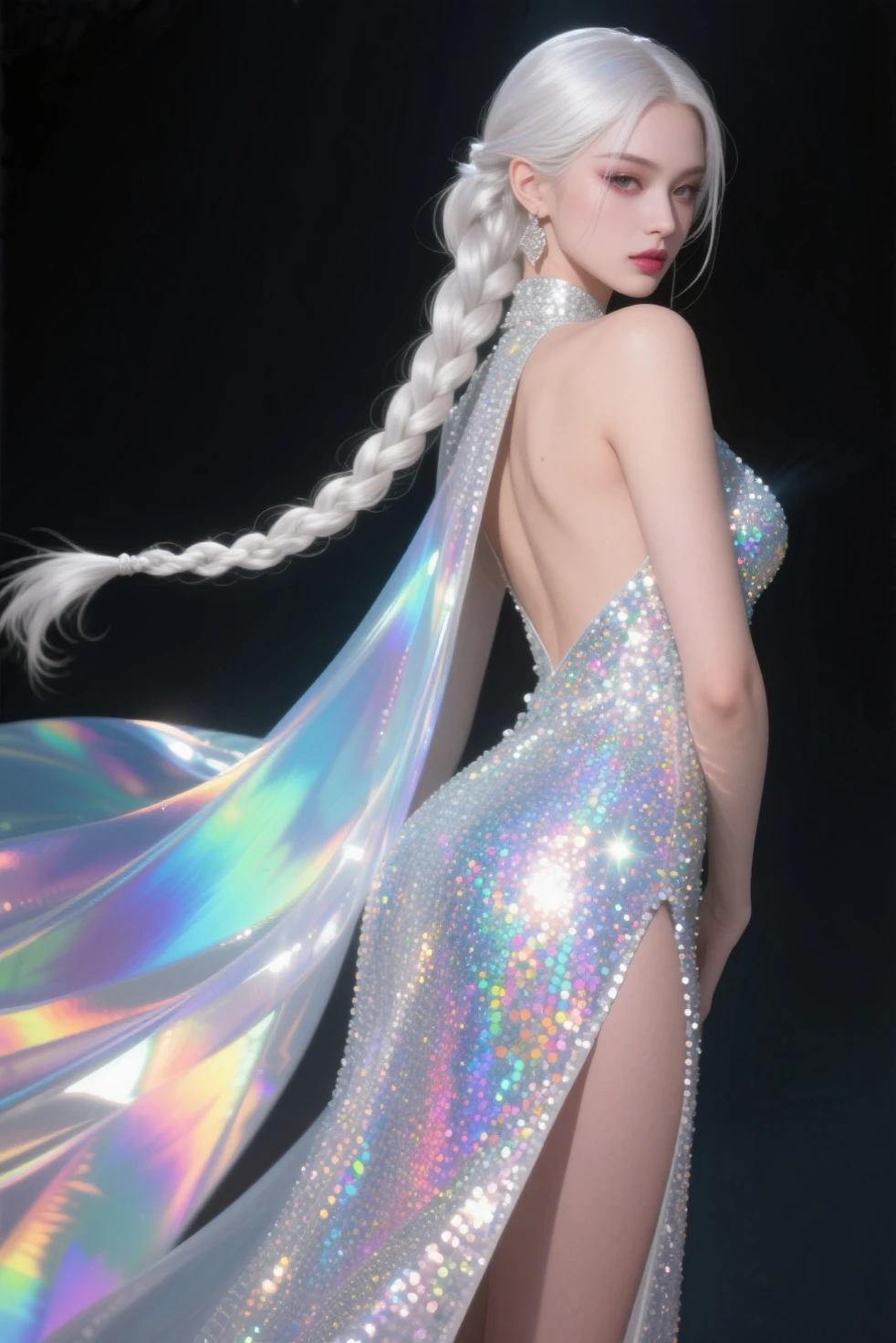 {-erro_de_anatomia:1.0} masterpiece, highest quality, (perfect face:1.1, (high detail)1.1, sweet stardust vampire , long soft white hair, opal eyes, perfectly drawn face, black dress, stars detailed background, prismatic lighting, glitter, whole bod., Very sexy, kneeling holding a crystal star in her hands, backwards, looking back