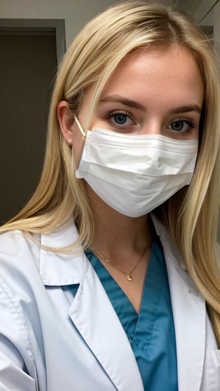 1 American white beautiful girl, blonde hair, Nurse, Nurse Cap, Whiteware, ((White legwear, zettai ryouiki)), White Gloves, blue eyes, ((White surgical mask, Cover the nose)), Standing, sharp outline, Short sleeves, a matural female, 25 year old American white girl, Best Quality, masutepiece, (((background: Hospital room with lots of medical equipment)))、