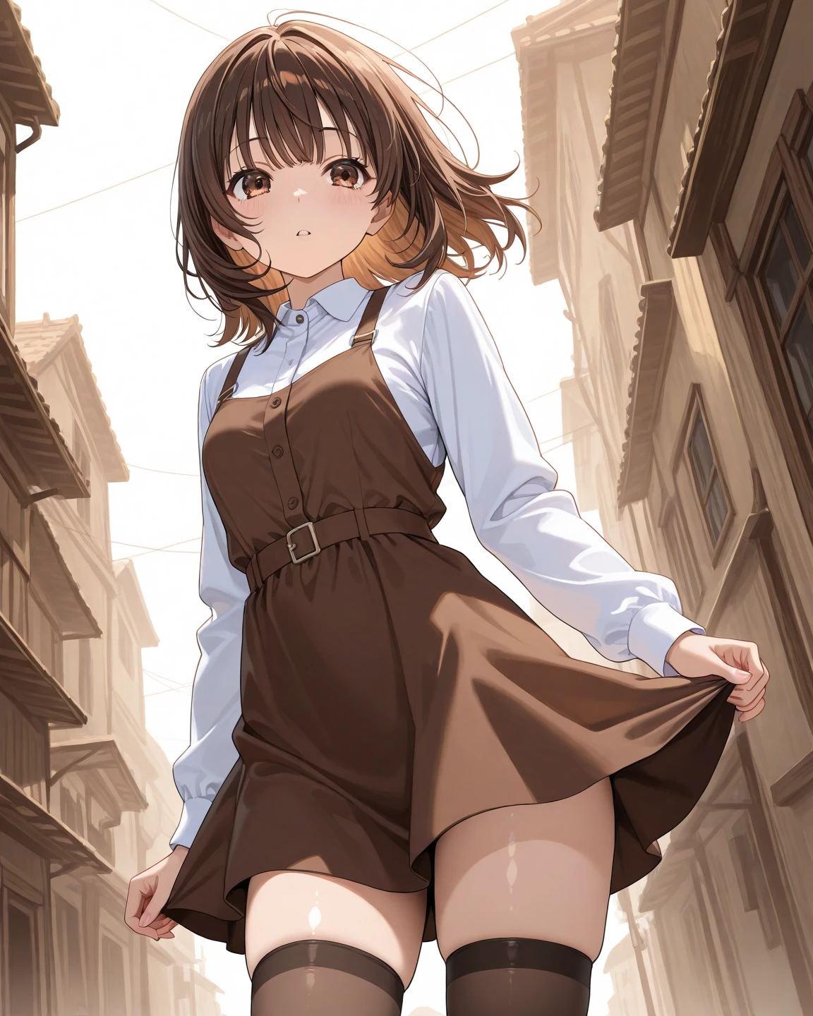 1womanl,Brown hair,Red ribbons ,((Impatient expression)),Beautiful breasts,White shirt,Red dress,well-styled,,(Facing the front)(((Blushing cheeks、embarassed expression)),(((The skirt is rolled up by the wind)))