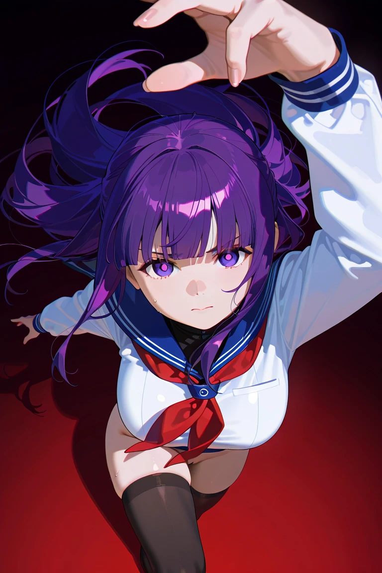 (1 girl), 、(),、、(hidden underground 4rch1v3)、realistic, 8k, RAW photos , Highest Quality, masterpiece,realistic, photo-realistic, anime v1、(())、Big Breasts、、、、((Character:purple hair, long hair, purple eyes, bright pupils, blunt bangs))、sweat、、、、自然な肌のcolor、、、、,、(dynamic pose, foreshortening, extreme perspective)、Free pose、、()、、、(color々expressions)、The free angle、(clothing:sailor suit、Black Thigh-Length Stockings_Intensity 10、No Panties、pussy、uncensored、Love liquid)、()