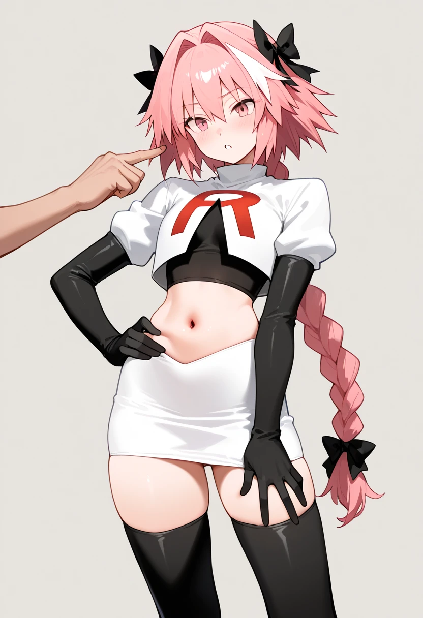 Transparent chest，Sheer belly，See-through crotch area，Transparent thighs，See-through bodysuit,Shiny glossy latex Asuka suit，ピンクの髪とリボンが付いた短いボディスーツを着たアニメのcrossdresser, With index finger, sexy Modest pose gesture, Haruno sakura, , 魅惑的なアニメのcrossdresser, holding a Modest pose, Anime female full body art, Modest pose gesture, corner, Modest pose, Neutral Pose, that&#39;s it,crossdresser