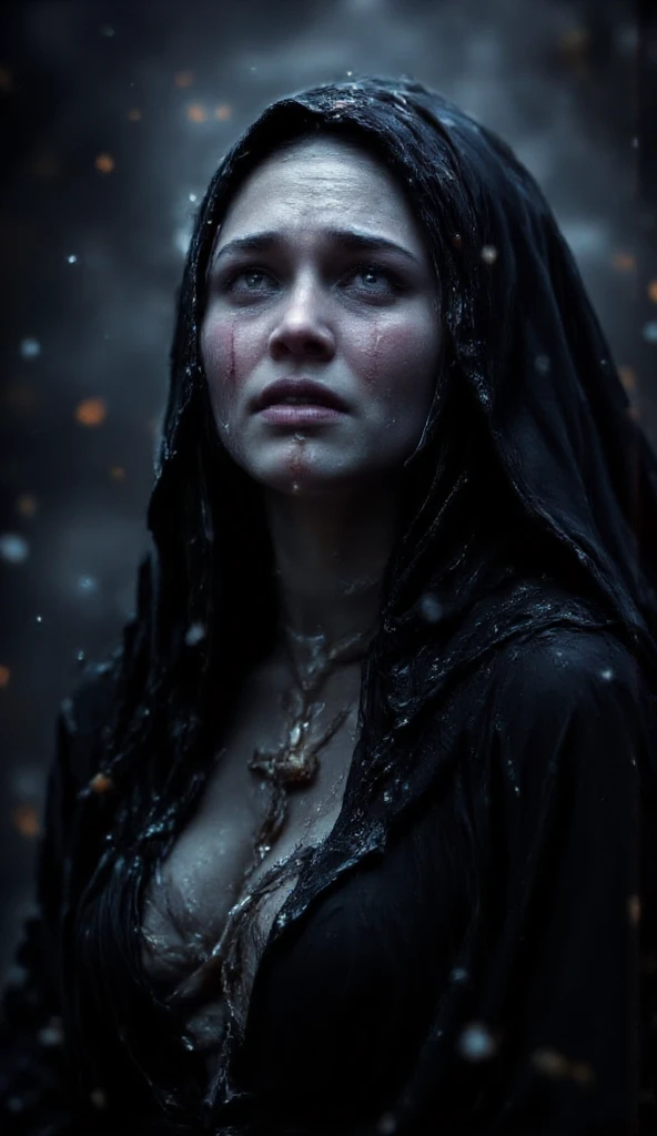 painting of a vampire, winter, snow falling, blizzard, snowstorm, dark atmosphere, cinematic scene, volumetric lights, ultra realistic, in the style of nicola samori