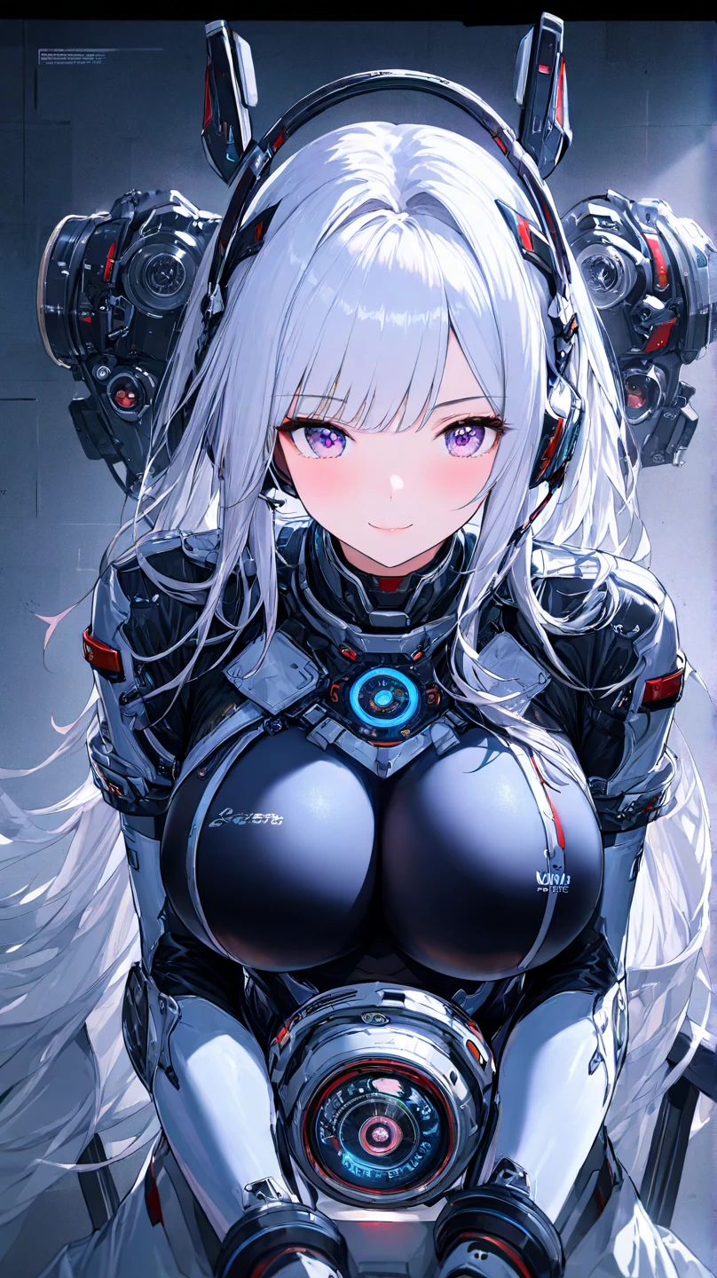 ((Extreme close up:1.6))、(((Lenses shining on both breasts:1.3)))、((Blue pillars of light radiate from both of his chests..:1.3))、break、(((Dynamic pose:1.8)))、smile、((8K)), ((32k)), ((Highest quality)), ((masterpiece)), ((超A high resolution)), ((Tmasterpiece)), ((Halation:1.4))、((Mechaニカルheadgear:1.2))、((Cyber Headphones:1.3))Fine skin, High quality fabric, High-quality metal texture、((Beautiful and dense face))、RAW Photos、Professional, Ultra-fine painting, ((alone)), Beautiful breasts、Highest quality, Very detailed, Very detailed詳細, Finer details, so beautiful, ((Princess Knight Robot:1.2)), (Joint of the machine, Mechanical Limbs:1.3), (The internal structure of the machine is exposed:1.3), (Long silver hair:1.1), (Beautiful and huge mechanical breasts)、White Veil, cowboy_shot, Side Focus, headgear, Shiny、(Five Fingers, Four fingers and thumb),Concept Art, Anime fantasy artwork, Detailed fantasy art, (with pale blue-violet hair and large white wings,,,,,,,,), (((Long silver hair))), (Mecha:1.6)、Sleek and intimidating design, ((Commander-in-Chief'arm)), (Perfect robot body)、純白と青紫のarmまたは, Symmetrical wings, 8K High Resolution, Detailed Art, 3D rendering of character art in 8K, neat legs, Defined, Defined fingers,((headshot:1.3))