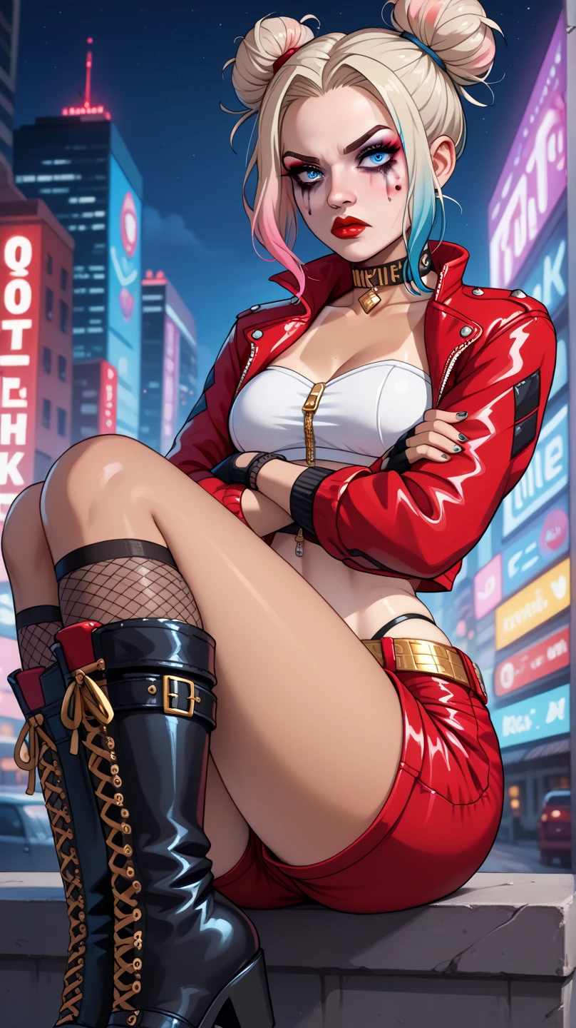 Harley Quinn, 1girl, solo, long hair, breasts, smile, open mouth, skirt, thighhighs, gloves, navel, holding, twintails, jewelry, blue hair, jacket, weapon, pink hair, heart, multicolored hair, one eye closed, shorts, midriff, belt, miniskirt, fingerless gloves, nail polish, crop top, gun, short shorts, makeup, piercing, lipstick, pale skin, red jacket, handgun, eyeshadow, revolver, heart tattoo, studded belt, shiny skin, specular highlights,big 