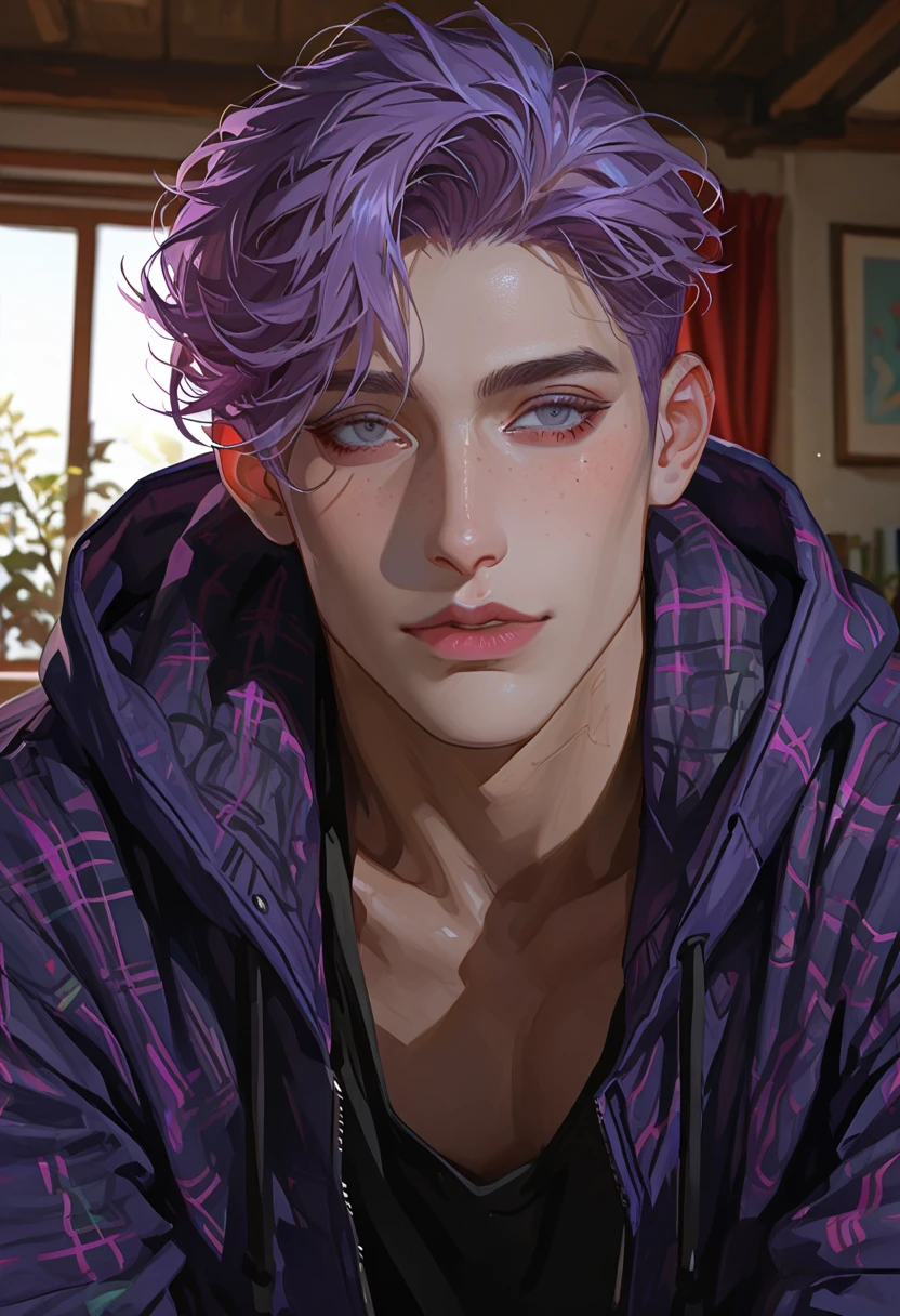 The hot boy has purple hair, blue eyes, He's nude. His cock is rising.