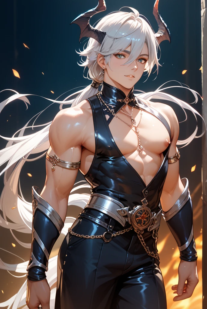 man, masculine, masculine face, attractive, muscular, (((1man))), masterpiece, absurdres, best quality ,intricate details , (shiny skin, shiny body, shiny oily luster skin, shiny hair, pale skintone), Sundown, attractive, ((muscular)), adult, one, earrings, Don't look at the view , Not looking at the view, silver hair, braided hair, perfect detailed face, perfect detailed hands, triton, fins, red eyes, triton ears, ((MLS)), smirk, medium large shoot, marine ornaments, sea in the background, ((in the water))