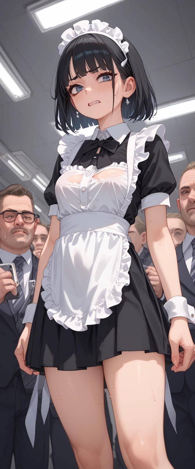 1 woman in black maid outfit with white skirt, white stockings, and tight corsets, showcasing immense curves, Mohawk hairstyle, extremely beautiful. Surrounded by elderly gentlemen who are admiring her. She playfully begins to show off, enjoying the attention. She's facing the viewer, smiling happily, in a futuristic subway setting. Anime style, a masterpiece, highest resolution, quality, detail, sharply focused, professional image