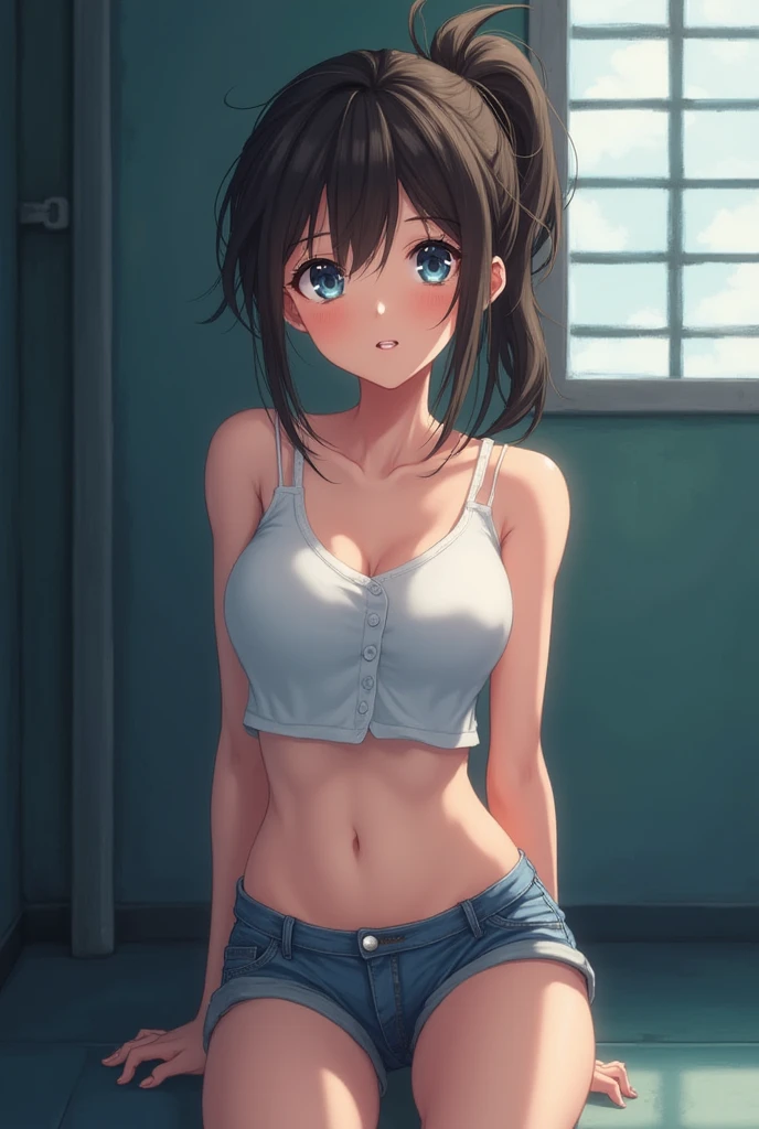 1 girl, ager , 18 years old, Young, skinny, tall, dark brown hair, Messy ponytail, bright blue eyes, small , Small waist, Small , Freckles, Anime age vampire with braces , 看上去Young, cute face, hot body, the most beautiful girl ever, full-body width picture , affectionately watching the viewer,with both naive in her eyes,Also tempting, in prison , Wear small shorts,Shows most of the legs and almost a little lower , wearing a small white vest,The picture taken with almost all of her belly, cleavage with emphasis on small but attractive , further accentuates her appeal., Wet,