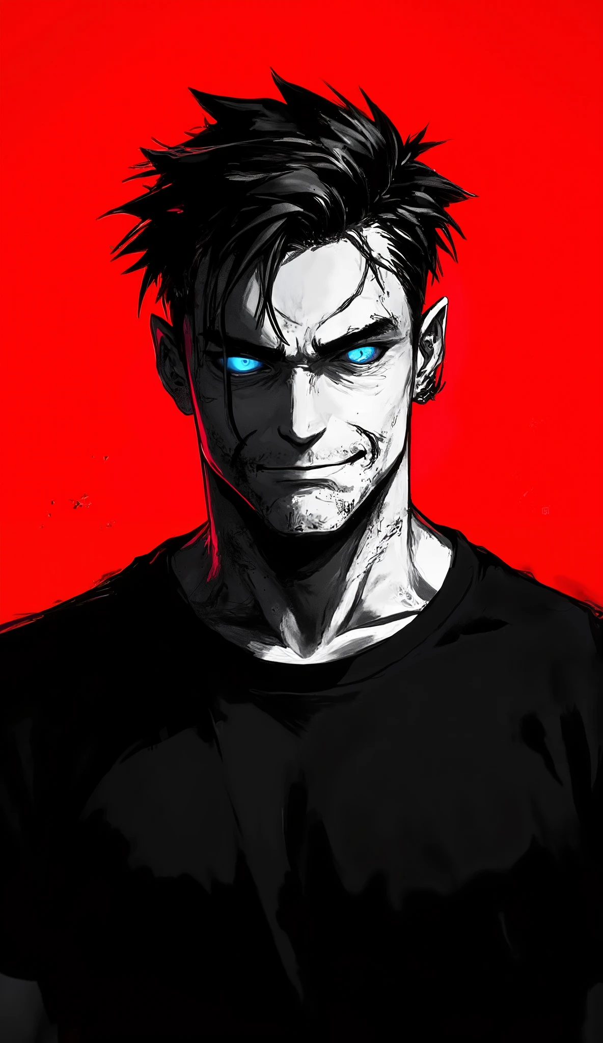 An anime-style confident adult man, handsome face, black and white color scheme, calm, blue glowing eyes, fit, healthy and strong appearance, rich-looking, wearing a black T-shirt, bold red background, powerful aura, cinematic lighting, clean and sharp sketch lines