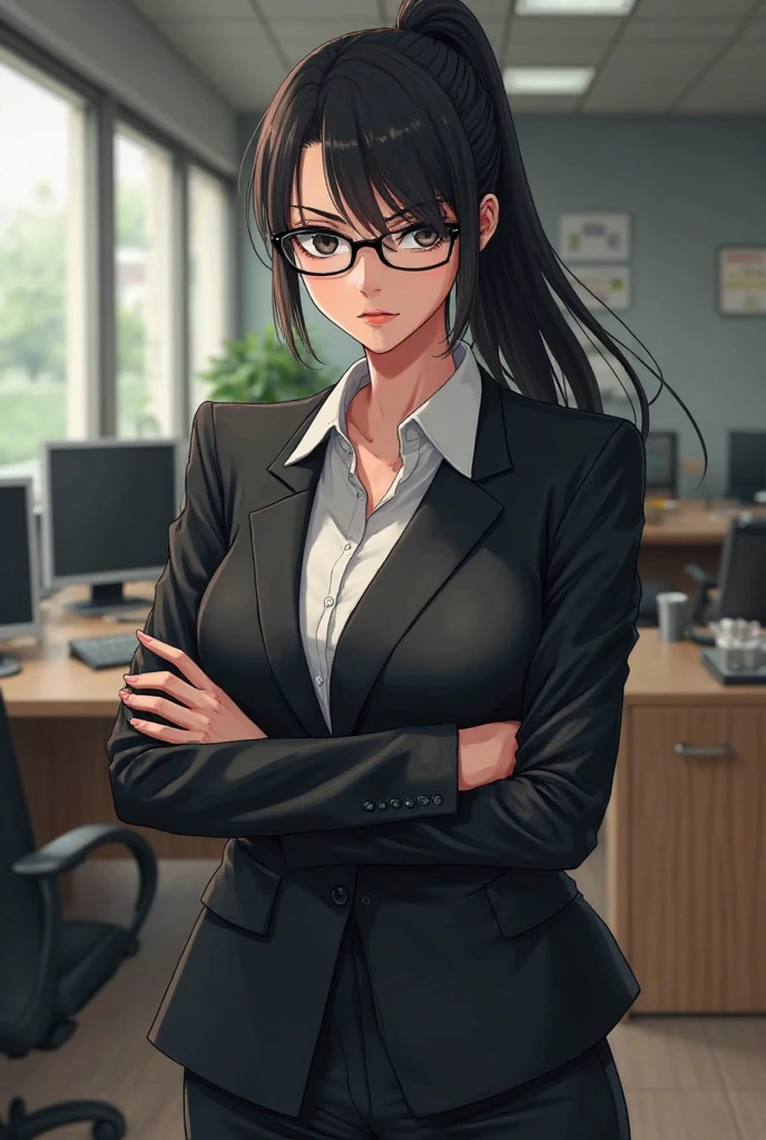 melhor qualidade, alta resolução, imagem diferente, plano de fundo detalhado, mulher, middlebreasts,random wear, cabelos negros longos, eyeglass,inside the office sitting at her desk , dutch angle, Long Launch, serious look,imponente, sensual, respectable boss, usando um terno empresarial