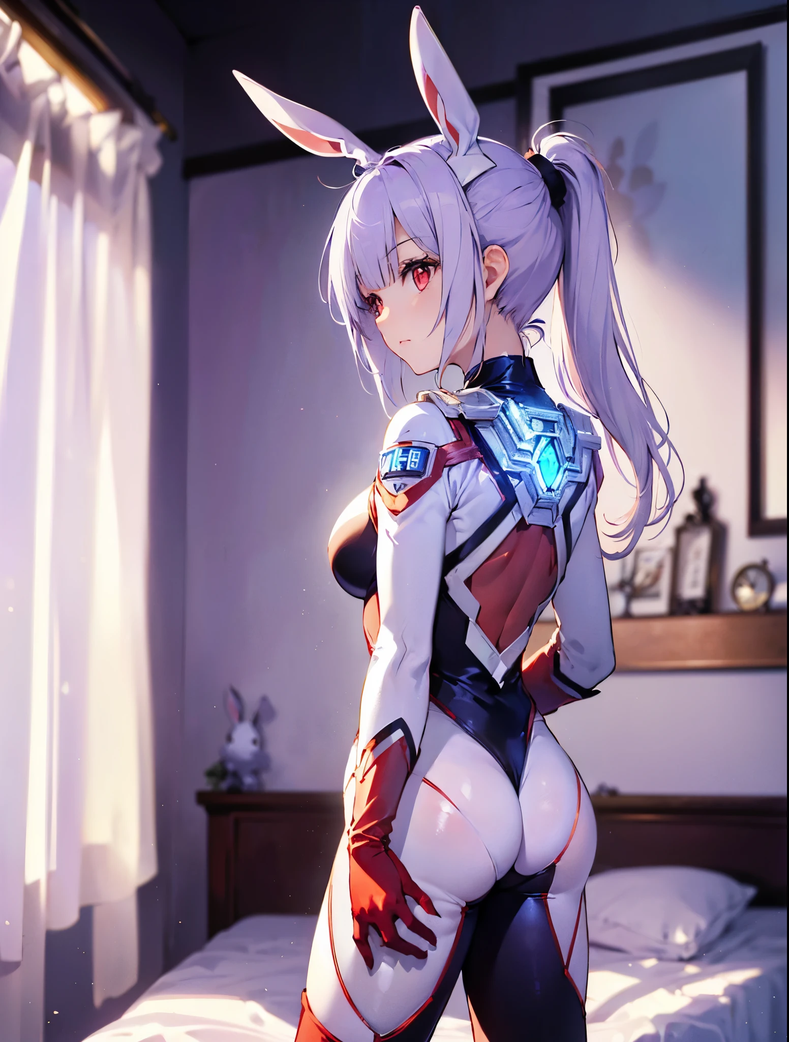 ((ultra realisitic)), ((picture-perfect)), ((face perfect)), ((ultra detaild)), ((fully body)), ((perfectbody)),a girl with bunny ears and white hair with red eyes, wearing sexy fantastic clothes, fully body