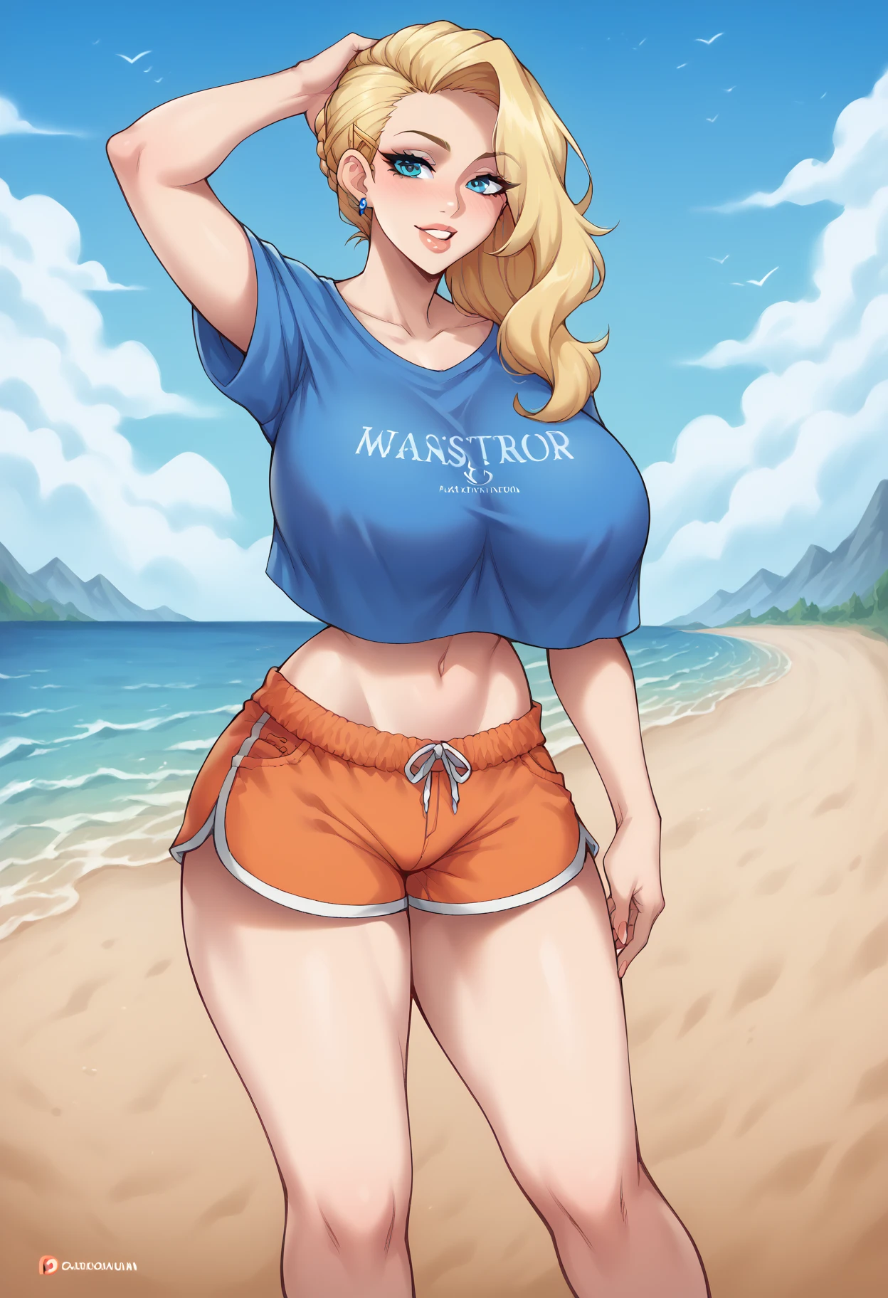 woman thin, pans jogger, blondy hair, blue eyes, busty. Blue low-cut t-shirt
