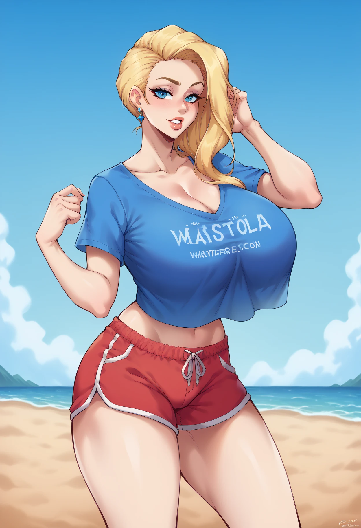 Blonde polar bear woman, wearing a Christmas tank top and jean shorts, perfect face, blue eyes, big breasts, cleavage, three-quarter view, solo, smile, perfect detailed body, pink lipstick, gold earring, hand on hips, blushing