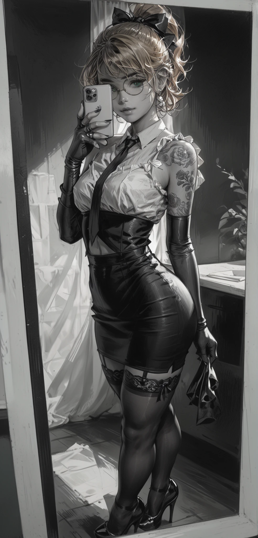 Anime, Best quality, Funny , 8 thousand., stockings with suspenders, boy, drawing of a boy in black and white lingerie, Thick black line, high resolution commission, back and white, Толстый line drawing, with backlight, cute sexy butts, thick outline, 2 years, 2 years, Hands behind your back, body pose! , realistic perfect body with shading, black and white manga style, average, Sketch on paper,