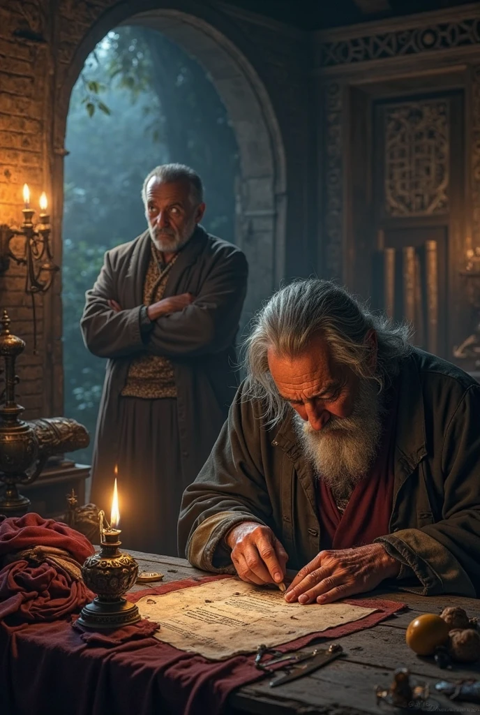 Michael Nostradamus has an oval face and a serious expression, a long beard and long, wavy dark white hair. He usually wears 16th century clothing, including a cloak or cape and a beret-type hat. His eyes are piercing and contemplative. in a temple thinking standing with a friend trying to visualize the future through sacred objects that reflect light