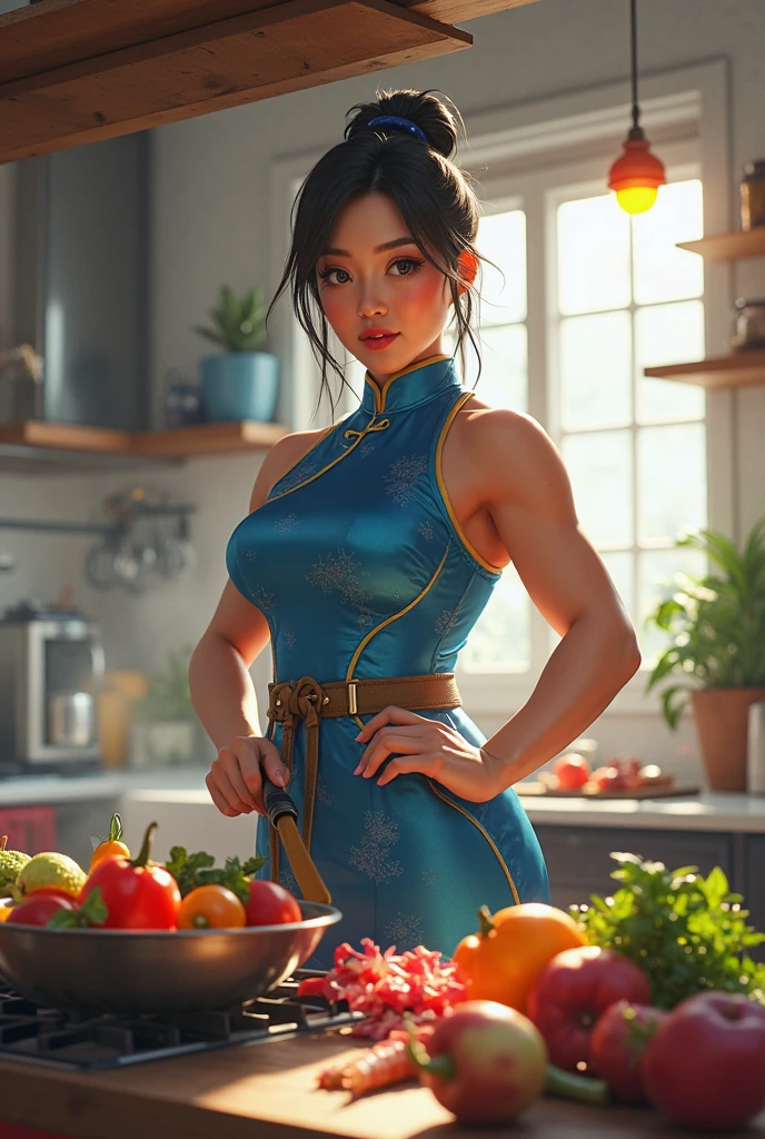 there is a woman in a chef's uniform cutting a pizza, in the kitchen, asian hyperdetailed, photorealistic perfect body, japanese goddess, inspired by Feng Zhu, smooth digital concept art, by Jason Chan, beautiful digital artwork, inspired by Fenghua Zhong, by Russell Dongjun Lu, ultra realistic picture, by Ren Xiong, in a kitchen
