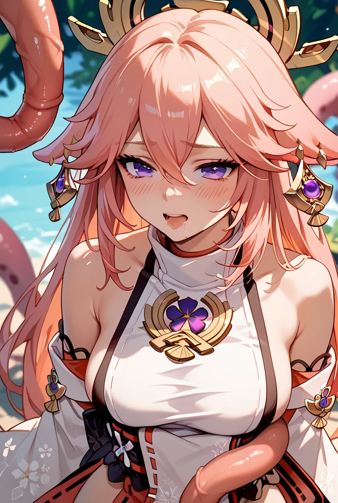 Jellyfish, pink snake hair, reddish white eyes, ultra-detailed sea surface, skulls in the reflection of her eyes, background of white stone statues of muscular and mature men, expression of anger and hatred, symbol of the feminine in the center, well-structured female body, golden jewels all over her body
