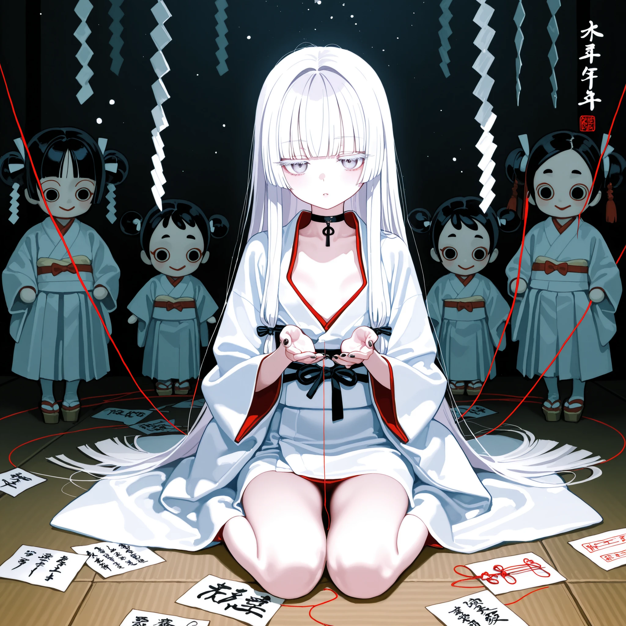 1girl, light lavender eyes, light lavender lush eyelashes, jitome, Very thick and long white Hair, blunt bangs, hime cut, flat Breast, white clothes, kumo-onna, Choker, nail polish, black nails, masterpiece, best quality, Perfect details, perfect composition, Perfect face, Perfect hand, absurdres, newest, very aesthetic, amazing quality, highres, film grain, Focus on the character, Cinematic, dramatic, Magnificent, cute expression, Ito Junji ,Tomie, doremi, hwansang, mx2j, ukiyo-e, tease, snow, Elegance, peaceful, full body, thin string, red string, thin thread, floating thick hair, Puppet Master, marionette, A lot of thread, Dreamy, Thin threads tied around the body, Oriental sealed, sealed girl, charms, katashiro, paper dolls, Ball-jointed dolls, Fairytale, dark theme, oriental theme, A lot of oriental dolls, shide, shinto, thick shimenawa, narrow and empty space, sealed goddess, Countless paper charms scattered on the floor, horror mood, Japanese horror, A lot of paper charms scattered on the floor, creepy, horror manga, horror movie, kanji