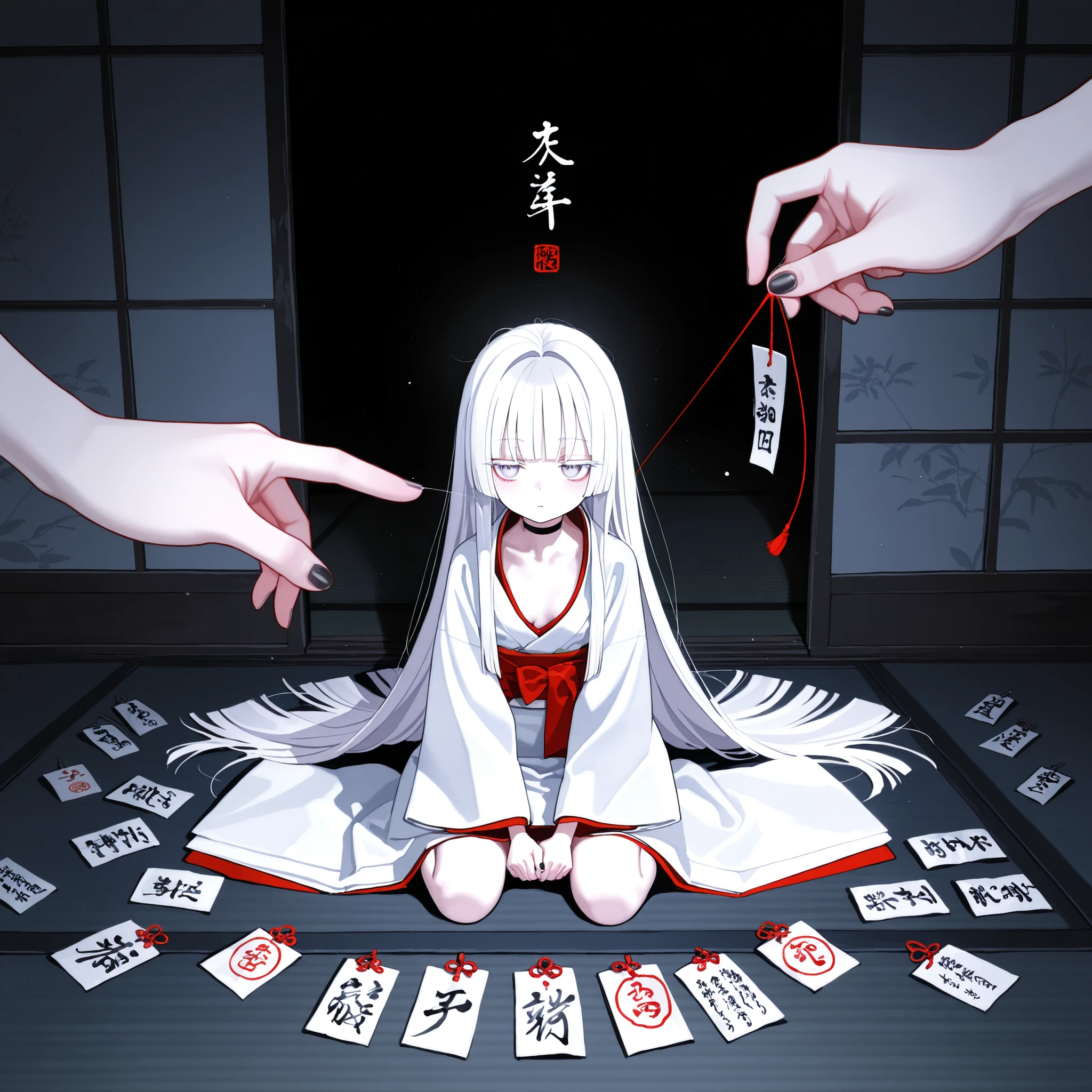 1girl, light lavender eyes, light lavender lush eyelashes, jitome, Very thick and long white Hair, blunt bangs, hime cut, flat Breast, white clothes, kumo-onna, Choker, nail polish, black nails, masterpiece, best quality, Perfect details, perfect composition, Perfect face, Perfect hand, absurdres, newest, very aesthetic, amazing quality, highres, film grain, Focus on the character, Cinematic, dramatic, Magnificent, cute expression, Ito Junji, Tomie, doremi, hwansang, mx2j, ukiyo-e, tease, snow, Elegance, peaceful, full body, thin string, red string, thin thread, floating thick hair, Puppet Master, marionette, A lot of thread, Dreamy, Thin threads tied around the body, Oriental sealed, sealed girl, charms, katashiro, paper dolls, Ball-jointed dolls, Fairytale, dark theme, oriental theme, A lot of oriental dolls, shide, shinto, thick shimenawa, narrow and empty space, sealed goddess, Countless paper charms scattered on the floor, horror mood, Japanese horror, A lot of paper charms scattered on the floor, creepy, horror manga, horror movie, kanji, calligraphy