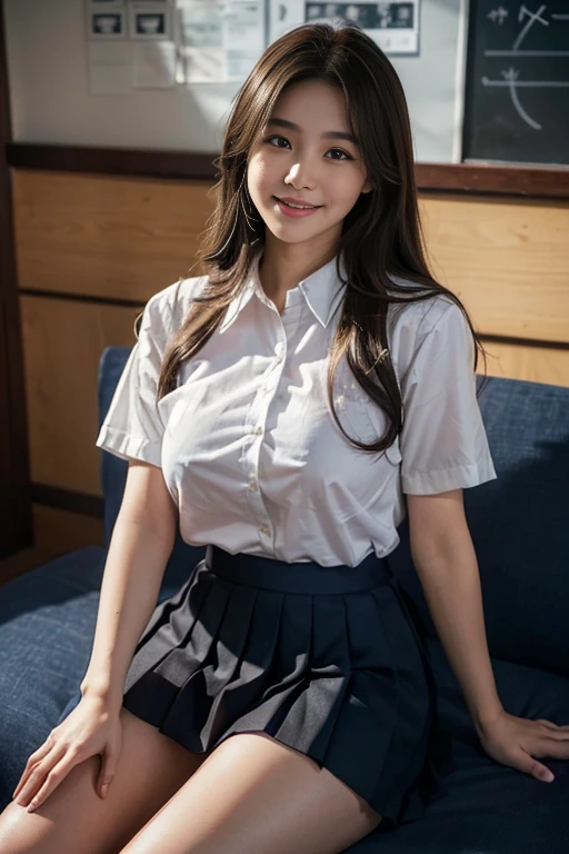 there is a woman sitting on the floor in a skirt, a hyperrealistic schoolgirl, clothed in white shirt, hyperrealistic schoolgirl, cute schoolgirl, gorgeous chinese model, gorgeous young korean woman, wearing white shirt, with a seductive smile, full subject in shot, korean girl, wearing in shirt, realistic schoolgirl, beautiful asian girl, hot with shining sun