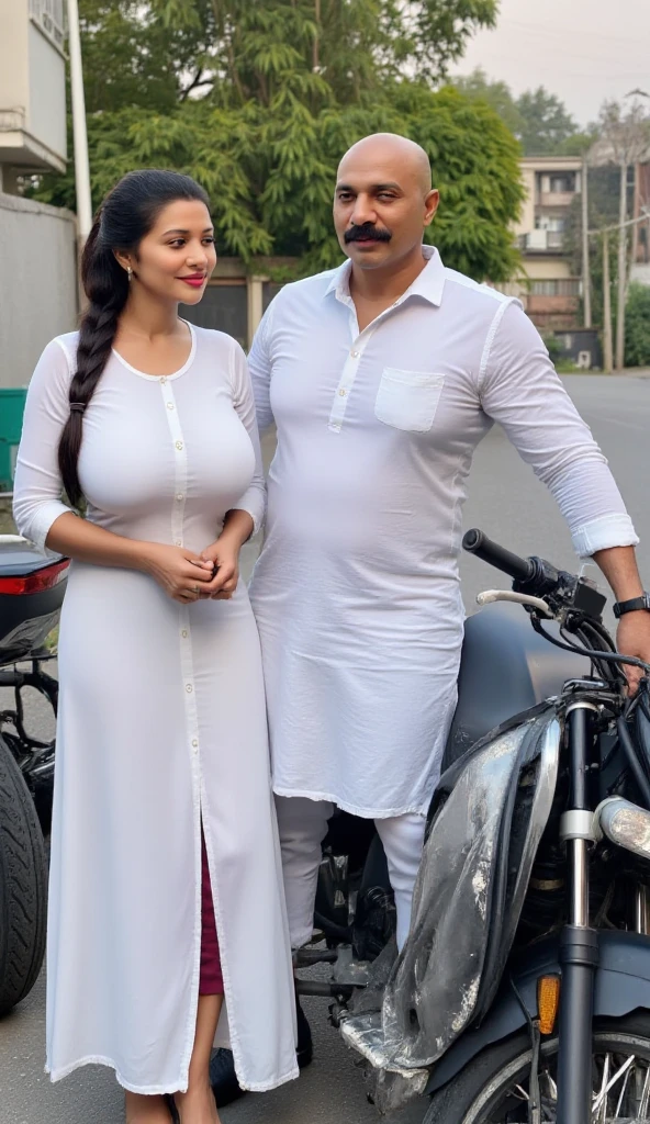 Romantic cute Woman without spectacles, white loose long maxi dress with frills, big round boobs, standing near bearded husband wearing spectacles, athletic body, white full sleeve shirt inserted, folded hand cuffs, cream coloured trousers with black belt and shining black formal shoes, outdoor near trees and bushes, on green grass on the ground