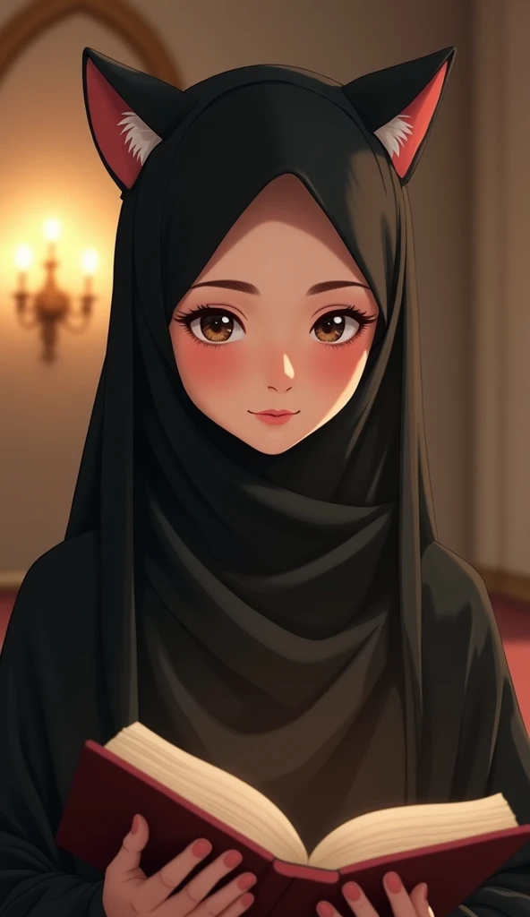 standing, solo, 1girl, mature female, hijab, short girl, long hijab, full hijab, fat girl, fat body, beautiful face, cute face, sideboob, large breasts, thigh legs, areola slip, cleavage, leaning forward, huge breasts, curvy, fat, arms down, looking at viewer, blush, parted lips, light smile, long black hair, black colour hair,