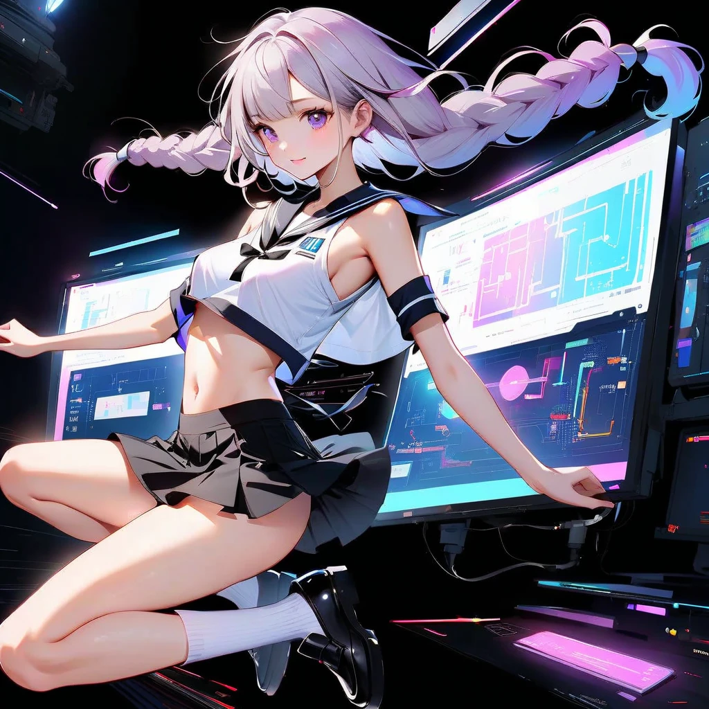 masterpiece,best quality,1girl,Lineart,cool posing,(best illustration),dynamic angle,thick outline,
(1girl:1.2),detailed eyes,white hair,detailed face,crop top,frilled sleeves,pleated skirt,fishnet thighhighs,cowboy shot,Volumetric Lighting,outline,
messy cyberpunk room,window,colourful,neon trim,cyberpunk city,High saturation,clouds and stars sky,Galaxy,
