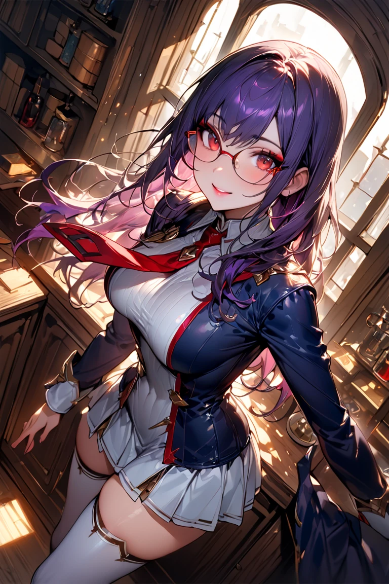 (extremely detailed CG unity 8k wallpaper), masterpiece, (best quality), (ultra-detailed), (best illustration), (best shadow), stadium, night, moonlight. 1girl, midnightmha, boku no hero academiam, purple hair, very long hair, blue eyes, large breasts, collar, white bodysuit, domino mask, thighhighs, black thigh boots, handcuffs, belt, garter straps, red gems, smirk