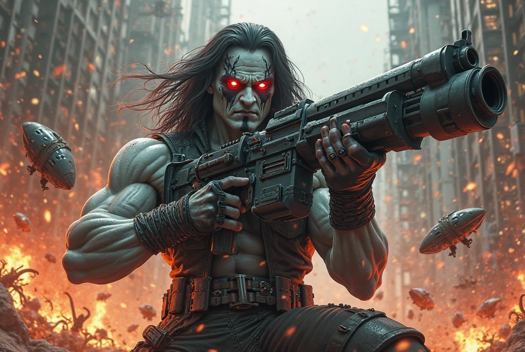 A bodybuilder man with long hair and beard standing in a mountain at night with holding a Sky blue colour dimond shape AKM gun and red and yellow colour neon light at background and glowing his eyes in red colour
