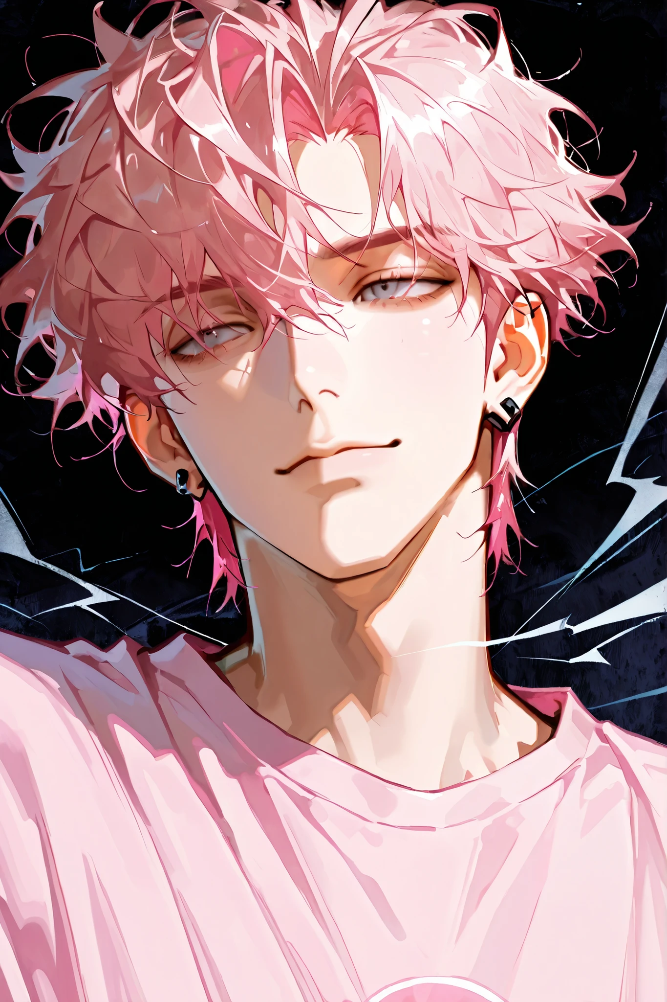 Handsome Man, nice face , 1 person, Deep Pink Hair, Light Pink Dye , Messy Hair, short hair, gray pink eyes , look disdainful, Hazy Atmosphere ,mysterious background, dark background, Black Earrings, Attractive face , Refreshing strokes, Bright Strokes , boy