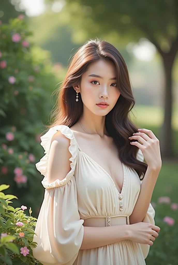 Romantic rose dress 2, Deep into wonderland,The moonlight falls like water,foggy room,The figure of the heroine is vaguely visible,Just like the fairy in the painting,Slender sexy legs,very nice legs,exposed sexy,medium sized breasts,Beautiful with a hint of mystery。Her face is beautiful and delicate,Like finely carved jade,Showing otherworldly beauty。eyebrows,The waves in my eyes are like twinkling stars,Show the light of perseverance and wisdom。The bridge of the nose is straight,Lip color like cherry,The slightly raised corners of the mouth reveal confidence and calmness。her face is chiseled,Skin as fair as jade,Reveal a healthy glow,Just like fairies, She never eats fireworks in this world。Her makeup is light and delicate,Not too much embellishment,But enough to show her temperament and charm。Light-colored foundation brings out the transparency of the skin,A light eyebrow pencil outlines her perfect eyebrow shape,Eye makeup is eye shadow and eyeliner,Make her eyes brighter and more energetic。Lips painted with grace lipstick,Adds a bit of charm and sophistication。Her clothes are graceful and chic,Clothes fluttering,It seems like it will be blown up by the wind at any time,drifting into the distance。Without losing grace,Also showed off her extraordinary skills。A wide belt is tied around the waist,There is a crystal clear jade pendant hanging on it,Swinging with her movements。Her hair is tied back casually,Secure it with a hosta,A few strands of hair are fluttering gently in the wind,Adds a bit of softness。Her figure is looming in the fairyland,Like a landscape of Beautiful big breasts,Attracted everyone's concern。She seems to be a fairy in wonderland,Beautiful big breasts、grace、mystery、and full of power。(white dress,V-neck,short skirt,uniform clothing)
