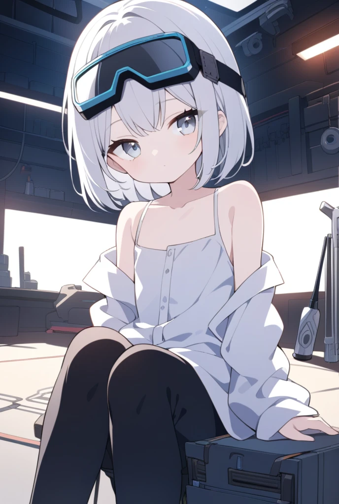 Highest quality,8k anime drawing,High definition,Girl:1.2,(Completely naked),With bangs,smile,8 heads,navel,Tank top,lob hair, Small breasts, very short pants, white short hair, Weight 165cm,
