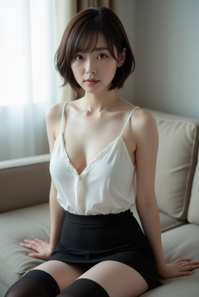 extremely detailed CG unity 8k wallpaper, best quality, ultra-detailed, masterpiece, realistic, photo realistic, extremely detailed cute girl, 21 years old, (skirt lift), ((skirt lift by herself)), white panties , panties focus, blush, camel toe, parted lips, looking at viewer , half body shot , wearing sleeveless shirt , (crowd), (crowded restaurant) , short bob cut